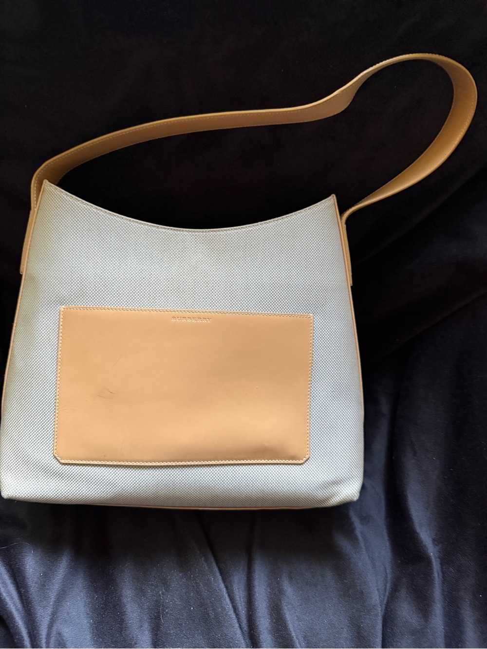Burberry Beige Canvas Shoulder Bag with Tan Leather Pocket